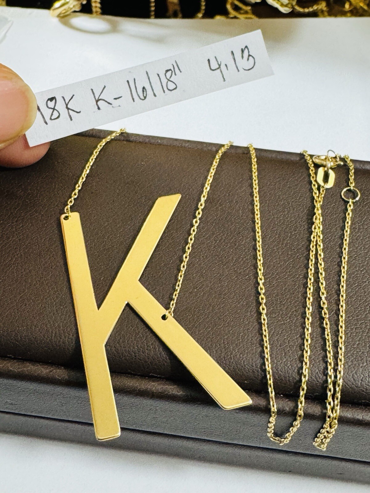18K 750 18C Gold Letter K initial Necklace 16.5/17.5” Long 1mm 4.1g