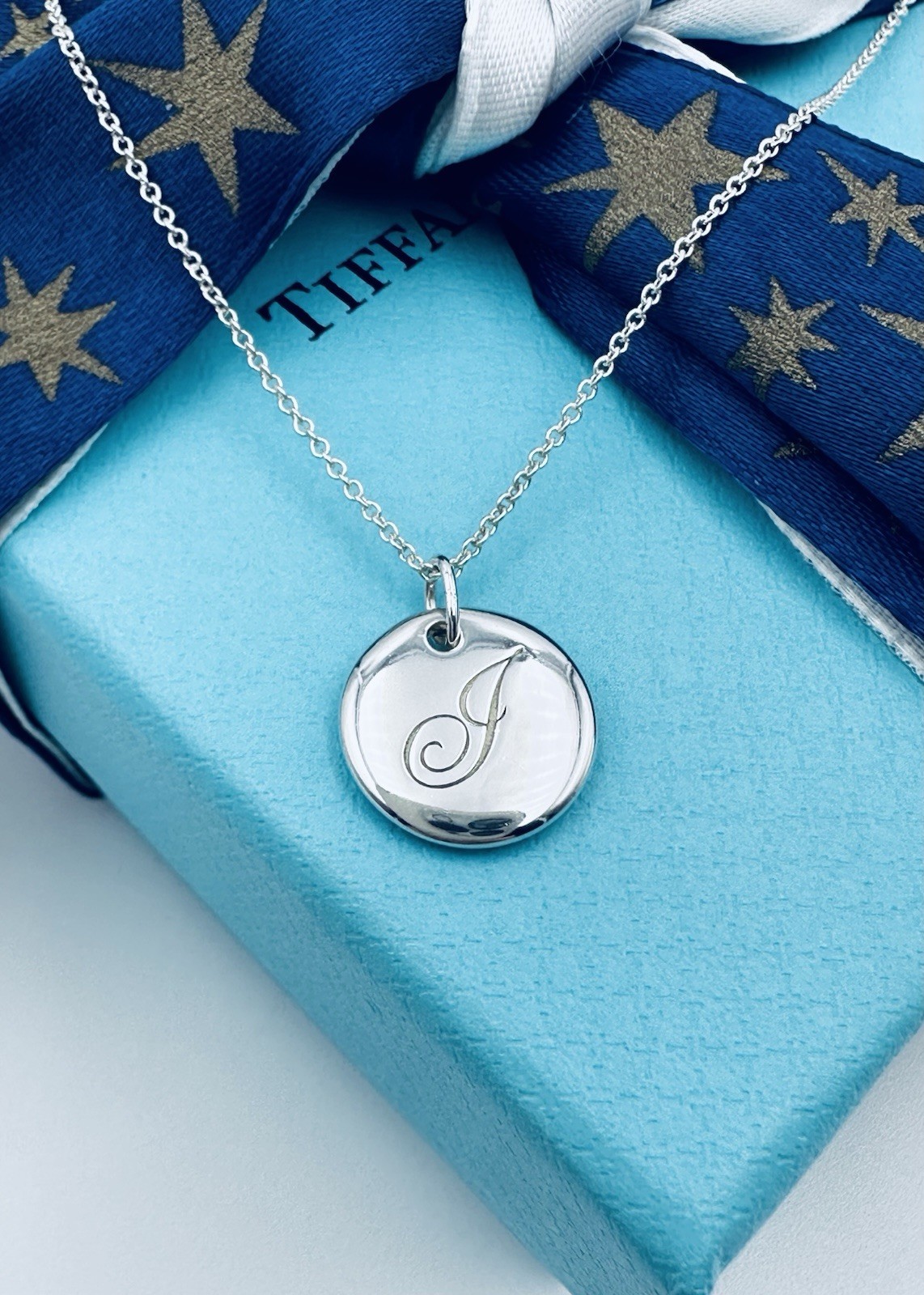 Tiffany & Co. Retired Notes Letter J Disc Charm Necklace 16” in Silver w Pouch