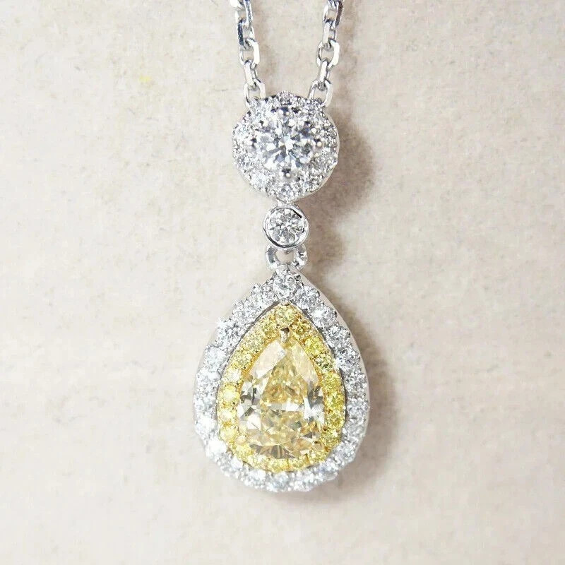 2.00Ct Pear Cut Lab Created Citrine Teardrop Halo Pendant 14K White Gold Plated