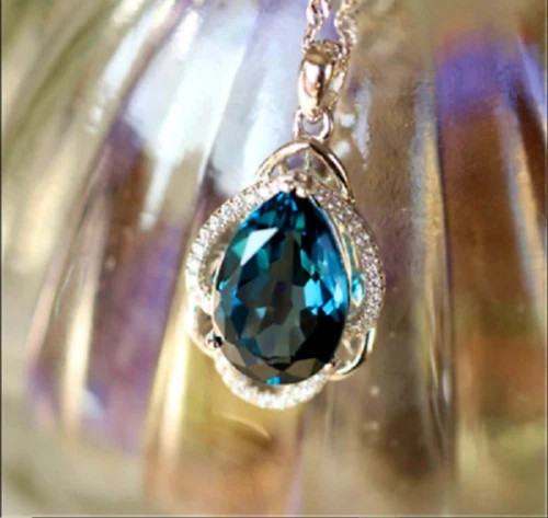 3Ct Pear Cut London Blue Topaz TearDrop Pendant 14K White Gold Finish Free Chain
