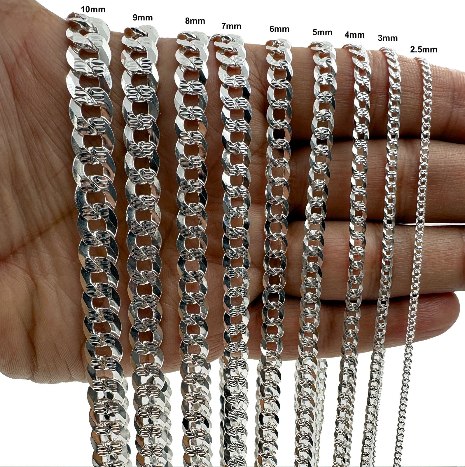 Mens SOLID 925 Sterling Silver DIAMOND CUT CUBAN CURB Chain Bracelet or Necklace