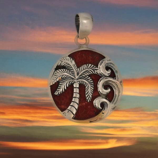 Sterling Silver Palm Tree, Waves and Coral Necklace