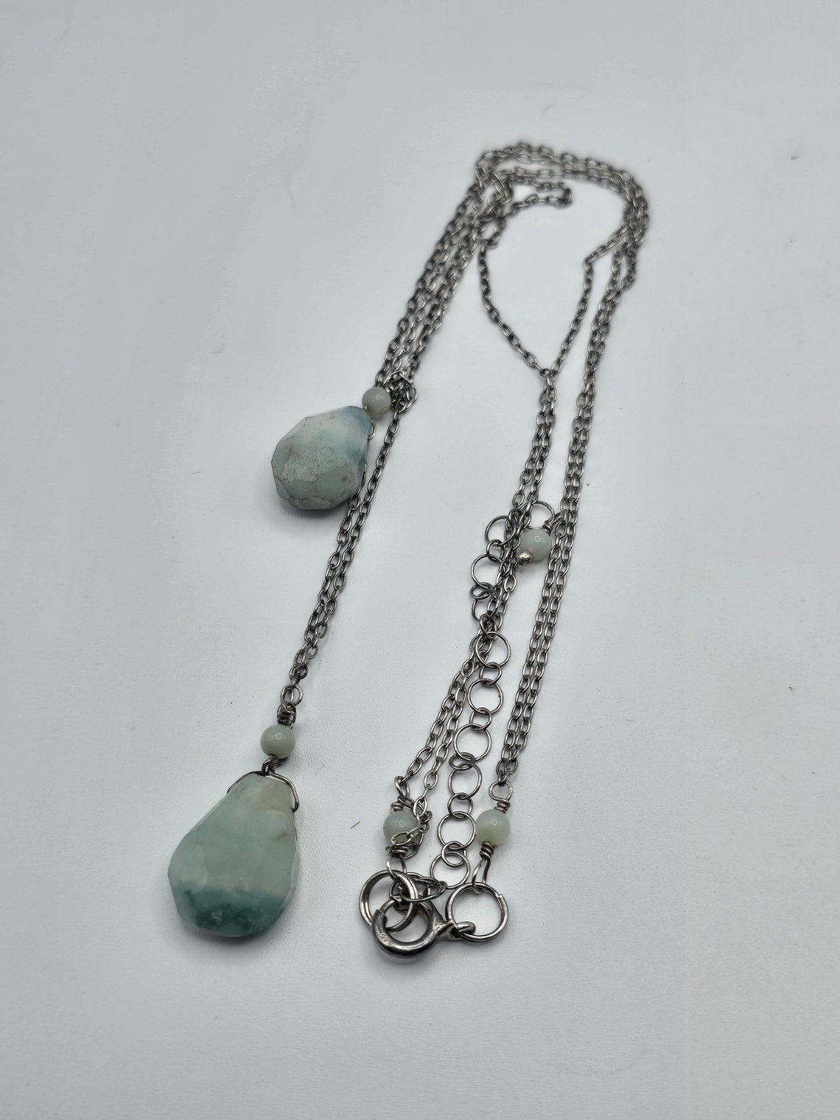 925 Sterling Silver Layered Double Chain Necklace Faceted Gemstone Pendants 16″
