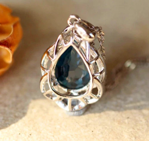 3Ct Pear Cut London Blue Topaz TearDrop Pendant 14K White Gold Finish Free Chain