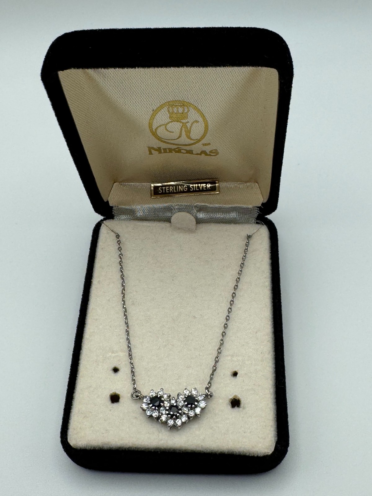 Nikolas Sterling Silver Necklace 17 In Black Clear Stone Cluster Pendant Vintage