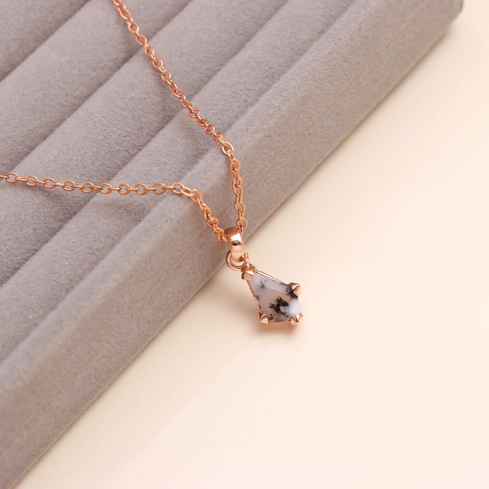 Natural Dendrite Opal Kite Necklace Rose Gold Plated 925 Sterling Silver Jewelry