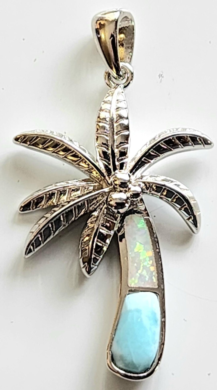 Palm Tree pendant Genuine Larimar Stone with Opal 925 Sterling Silver