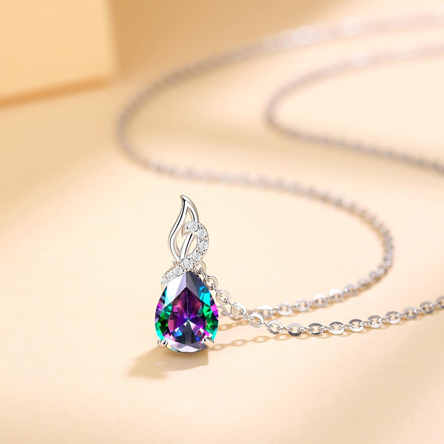 14K Solid White Gold Teardrop Pendant with Diamond Birthstone Necklace