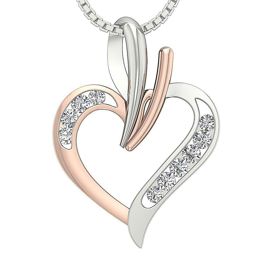 Heart Pendant Necklace SI1 G 0.40 Ct Round Diamond 14K Two-Tone Gold Channel Set