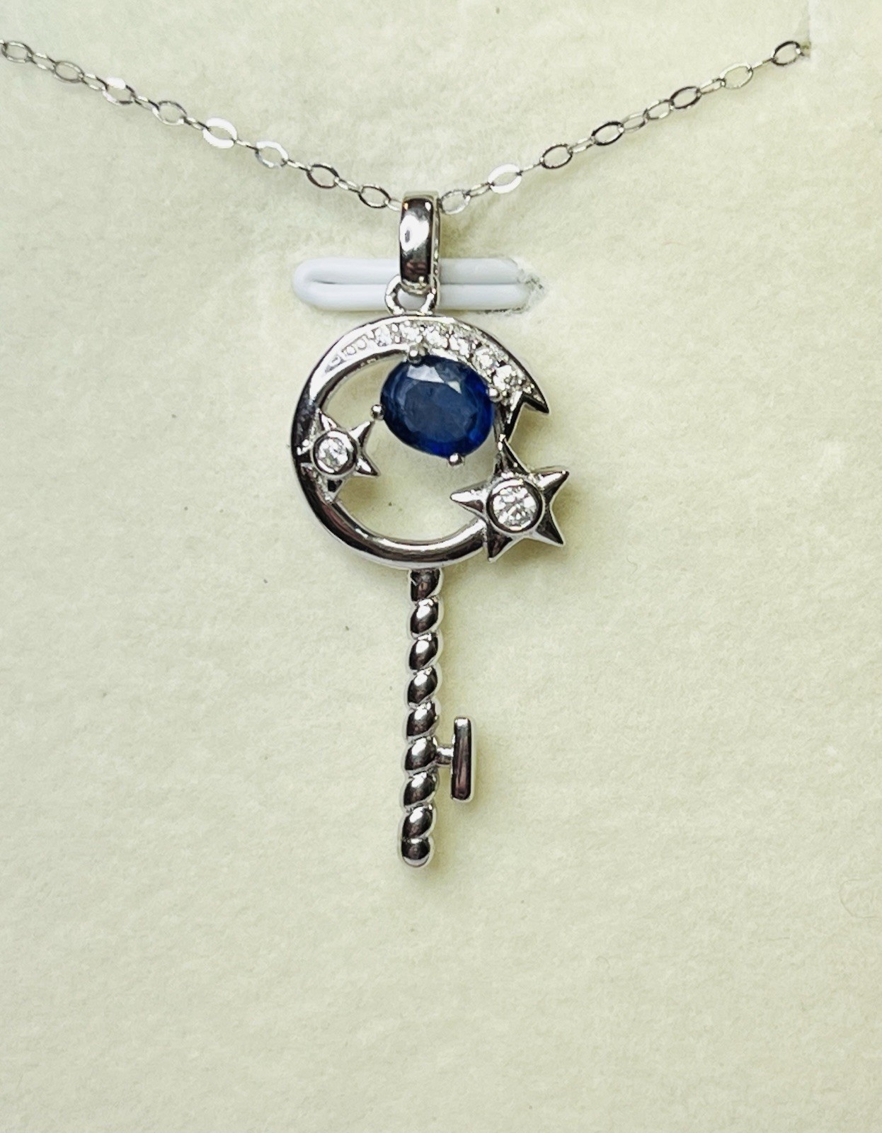 Real 925 Sterling Silver Natural Blue Sapphire Stars Moon Key Pendant Necklace
