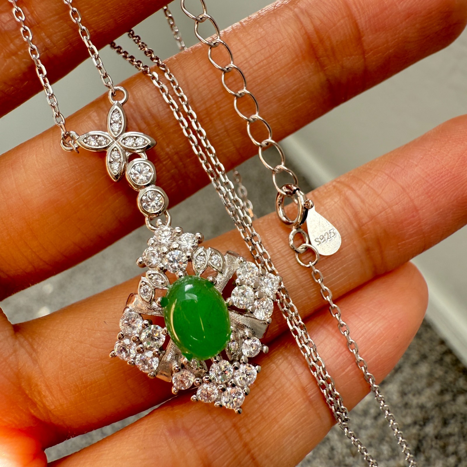 925 Sterling Silver Necklace 8x6mm Natural Emerald Gemstone Zircon Flower Chain