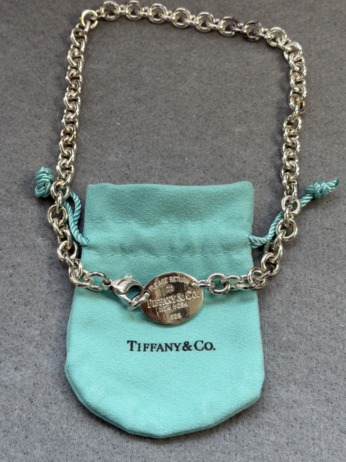 15.5” Please Return To Tiffany & Co Sterling Silver Oval Tag Choker Necklace