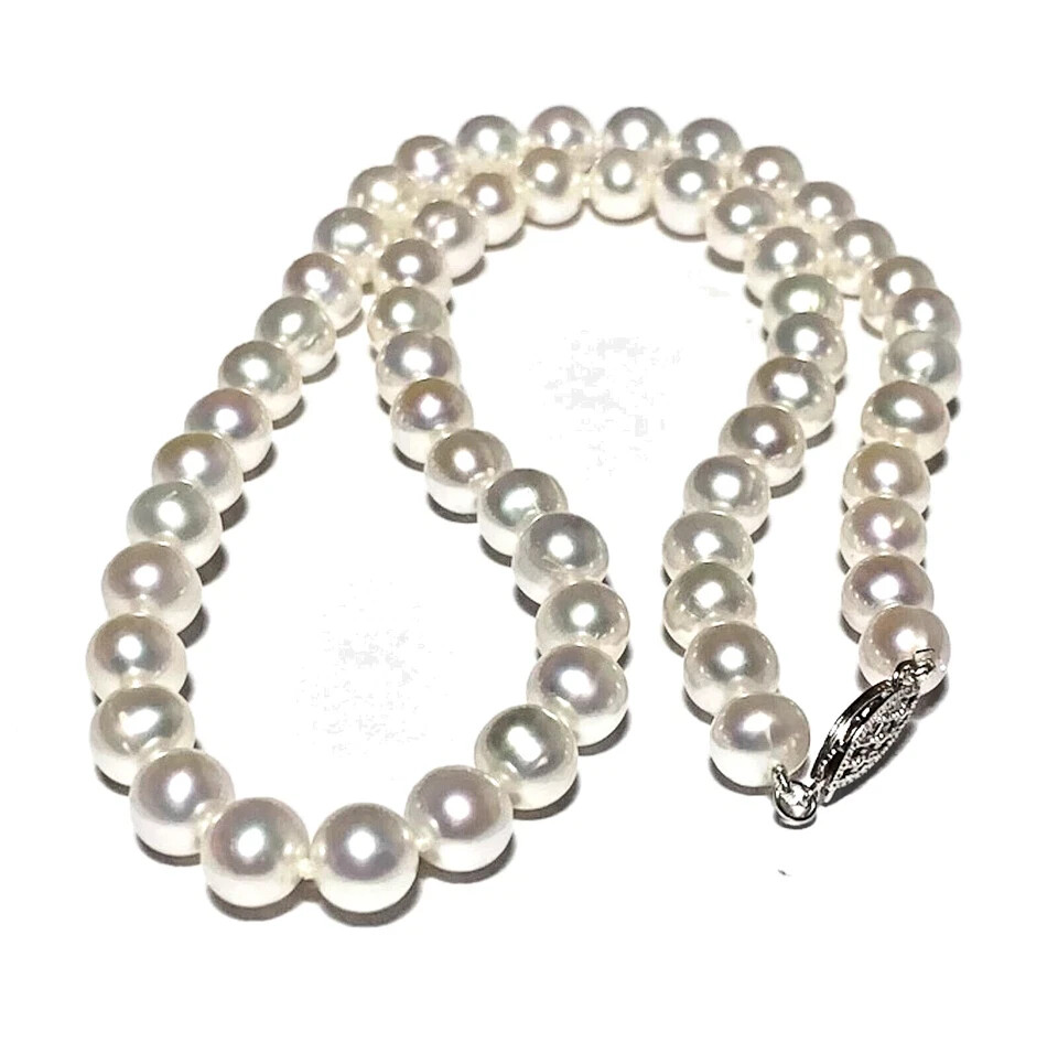 Japanese Akoya 9-10mm white Pearl Necklace 18″ 14K Gold Clasp