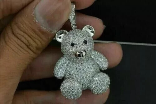 3.00Ct Lab Created Diamond Round Mini Teddy Bear Pendant 14K White Gold Plated