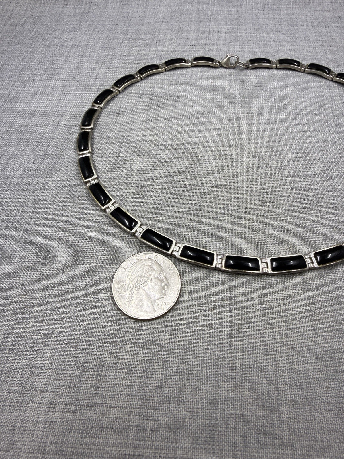 Sanel Onyx Bar Link Sterling Silver .925 Choker Bib Necklace 16″ (41 Grams)