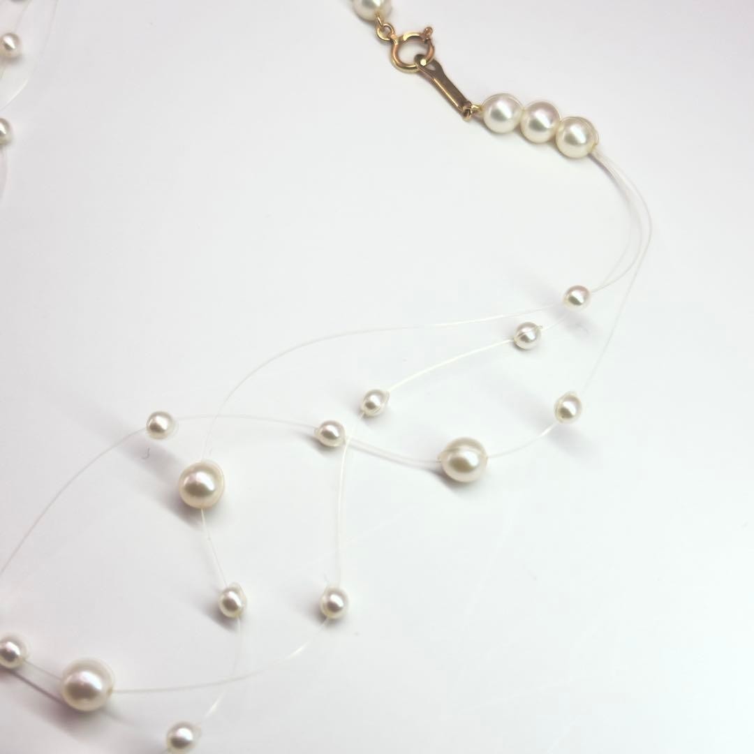 TASAKI 18K White Pearl 3-Row Wire Necklace 3-5.2mm 40cm 6.8g Triple Strand w/Box