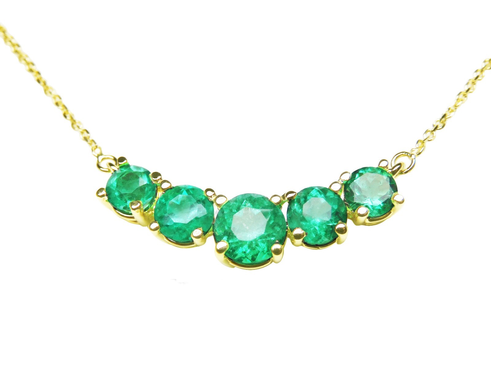Five Stone Round Cut Colombian Emerald Necklace Solid 14K Yellow Gold