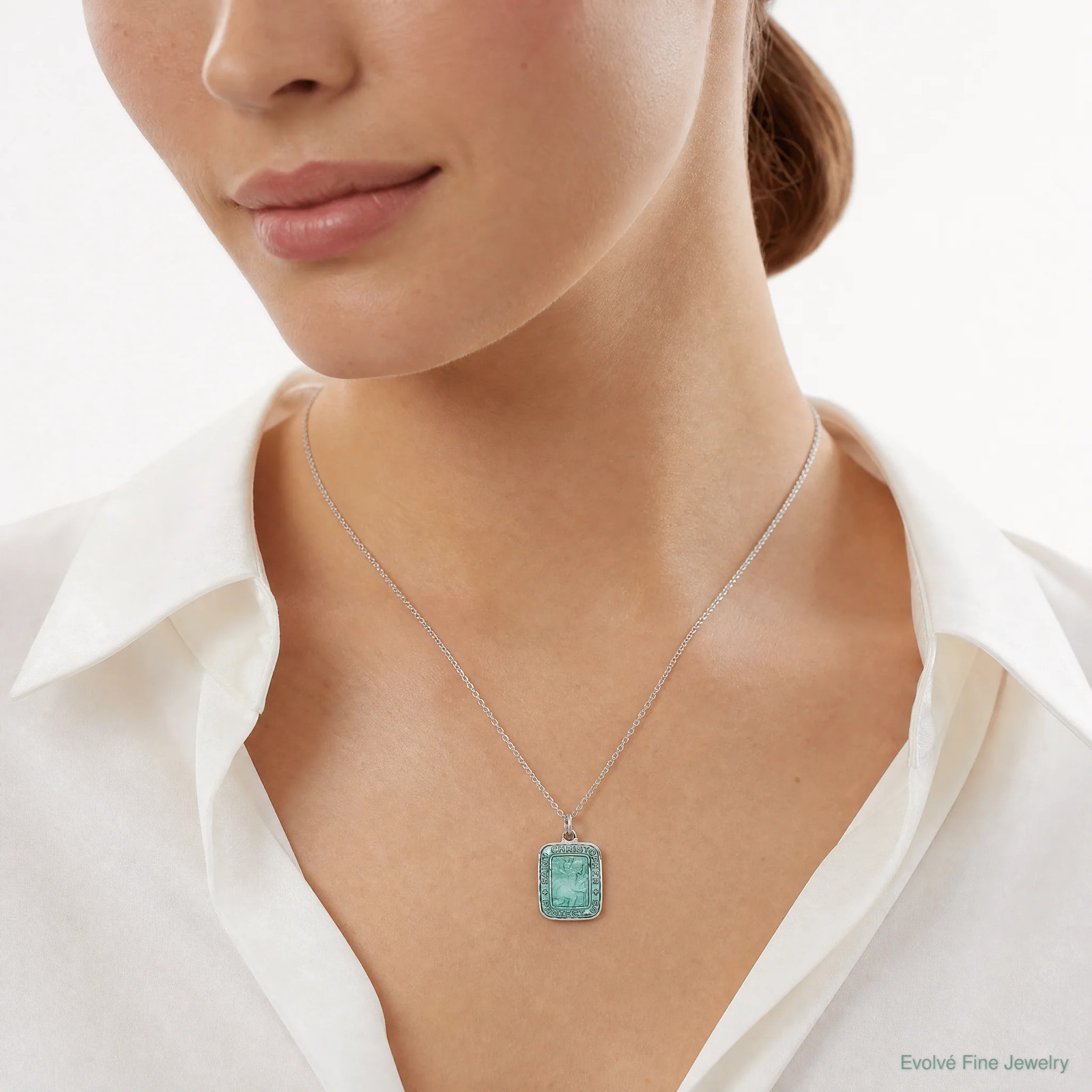 Sterling Silver Teal Enamel Square St. Christopher Medal Pendant