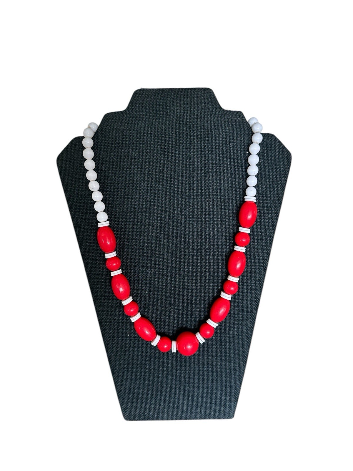 Vintage 11” Long Red And White Plastic Lucite Necklace.