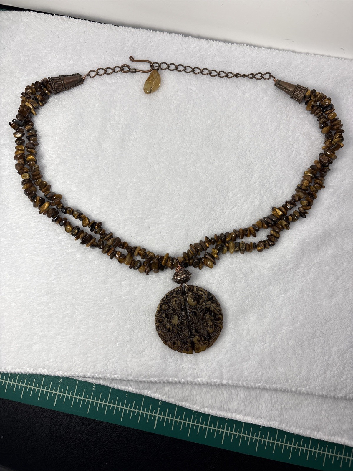 Dragon Pendant Tiger’s Eye Stone Polished Chip Bead Necklace Statement Jewelry