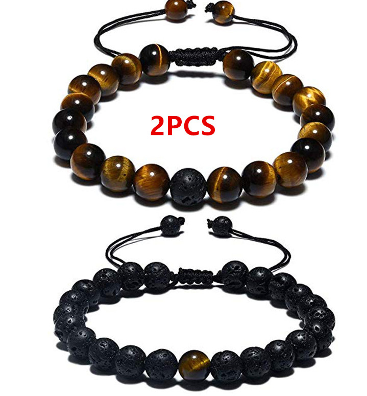 2PCS 8mm Triple Bracelets Adjustable Natural Tiger Eye Lava Rock Beaded Bracelet