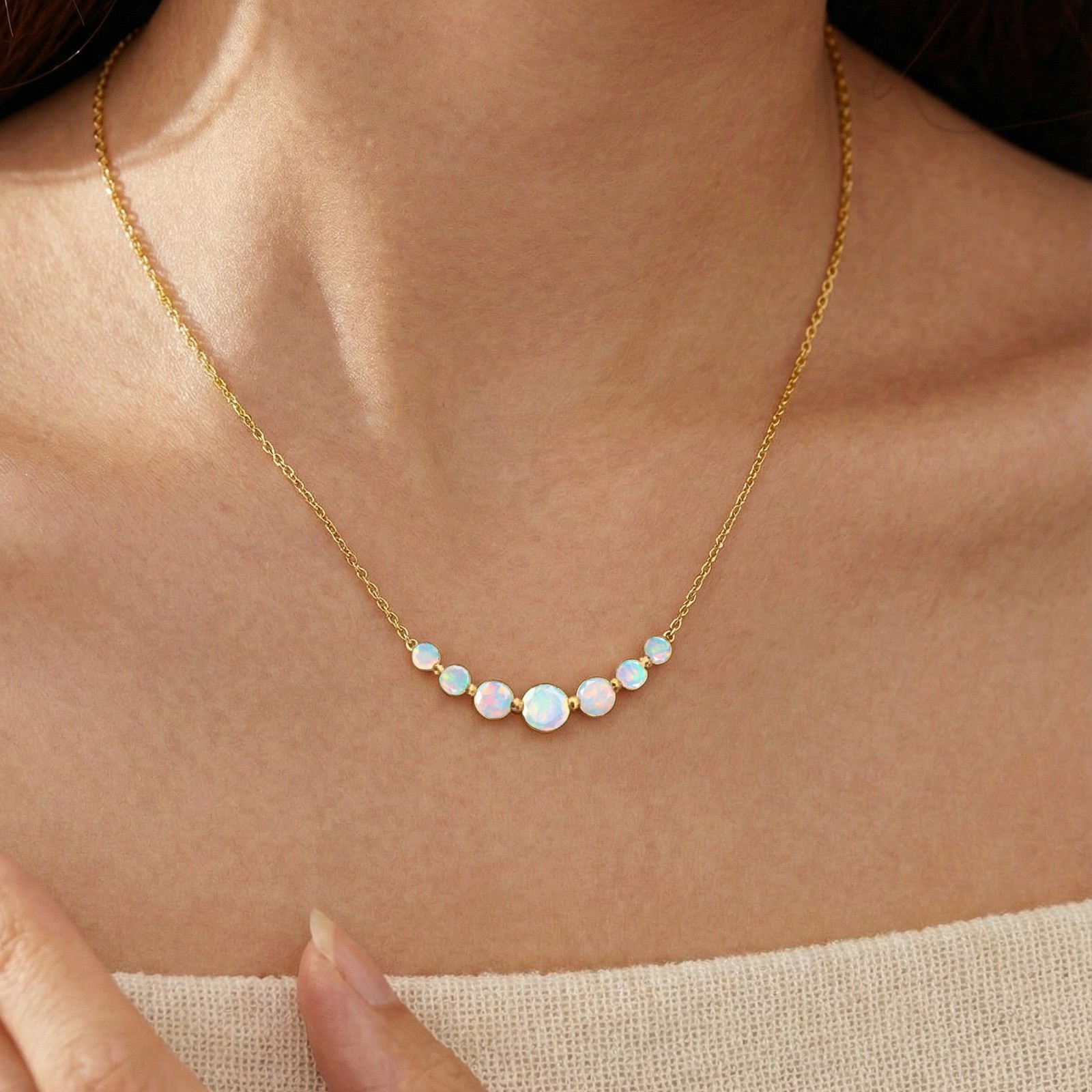 White Fire Opal Gemstone Bar Necklace, AAA White Opal Gemstone Chain Pendant