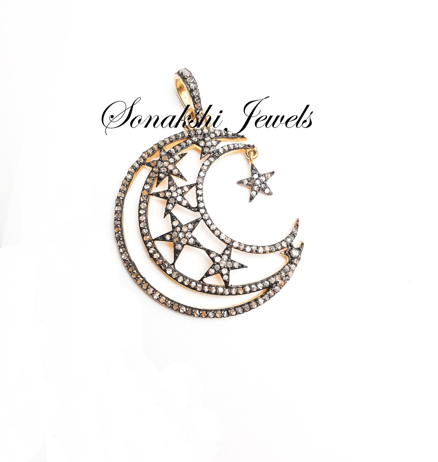 Rose Cut Diamond Moon Star Pendant: Handmade 925 Sterling Silver Pendent