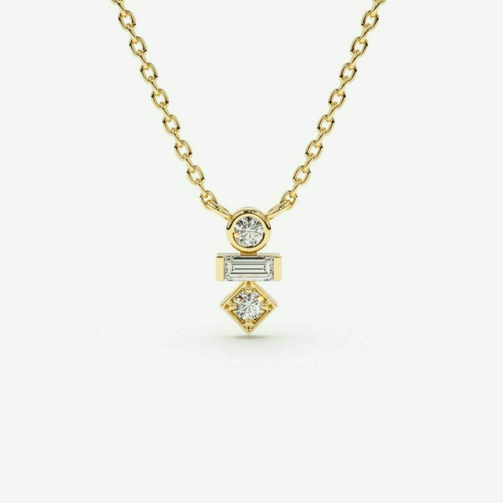 1.00CT Round & Baguette Mix Diamond Mini Pendant Necklace 14k Yellow Gold Over