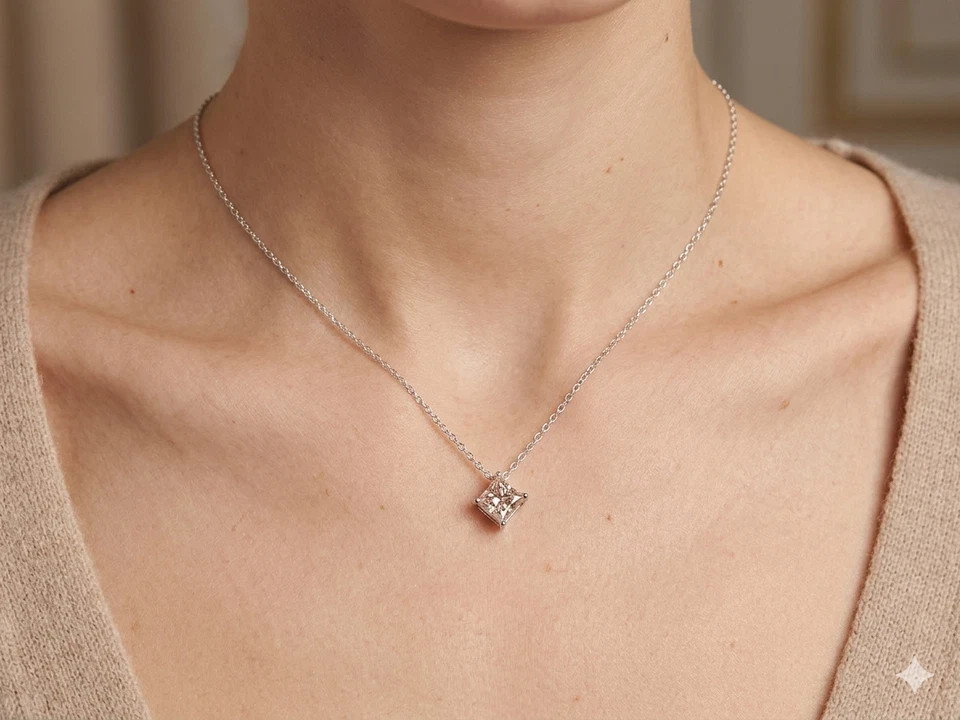 14K White Gold Plated 2.00Ct Princess Cut Moissanite Pendant Necklace 18″