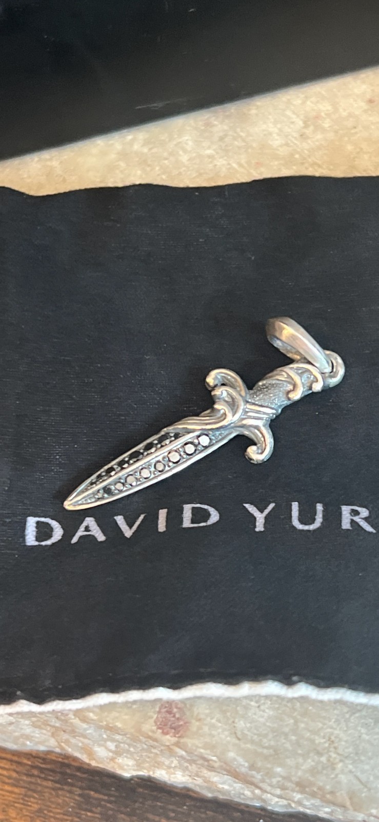 David Yurman Sterling Silver 925 Waves Dagger Amulet Pendant 2ct Black Diamonds