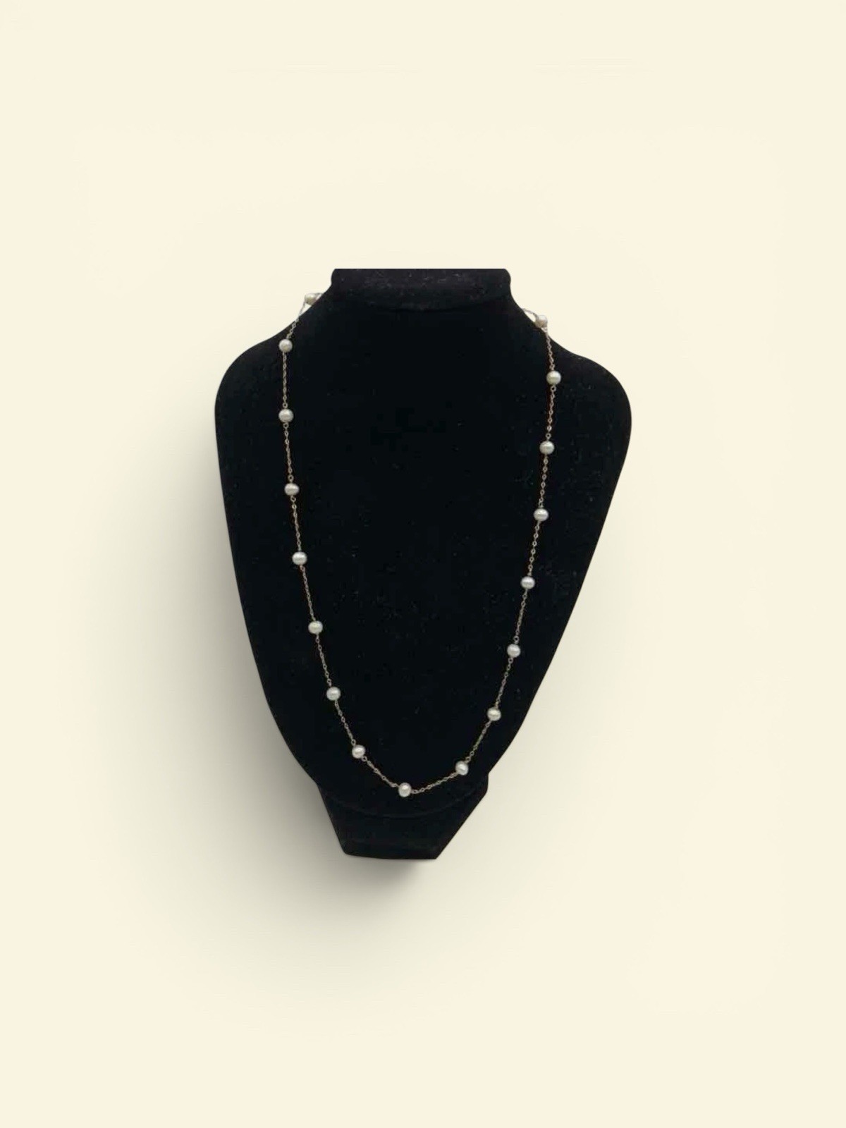 14K Gold Cultured Pearl Station Necklace Dainty Beaded Chain 3.42g
