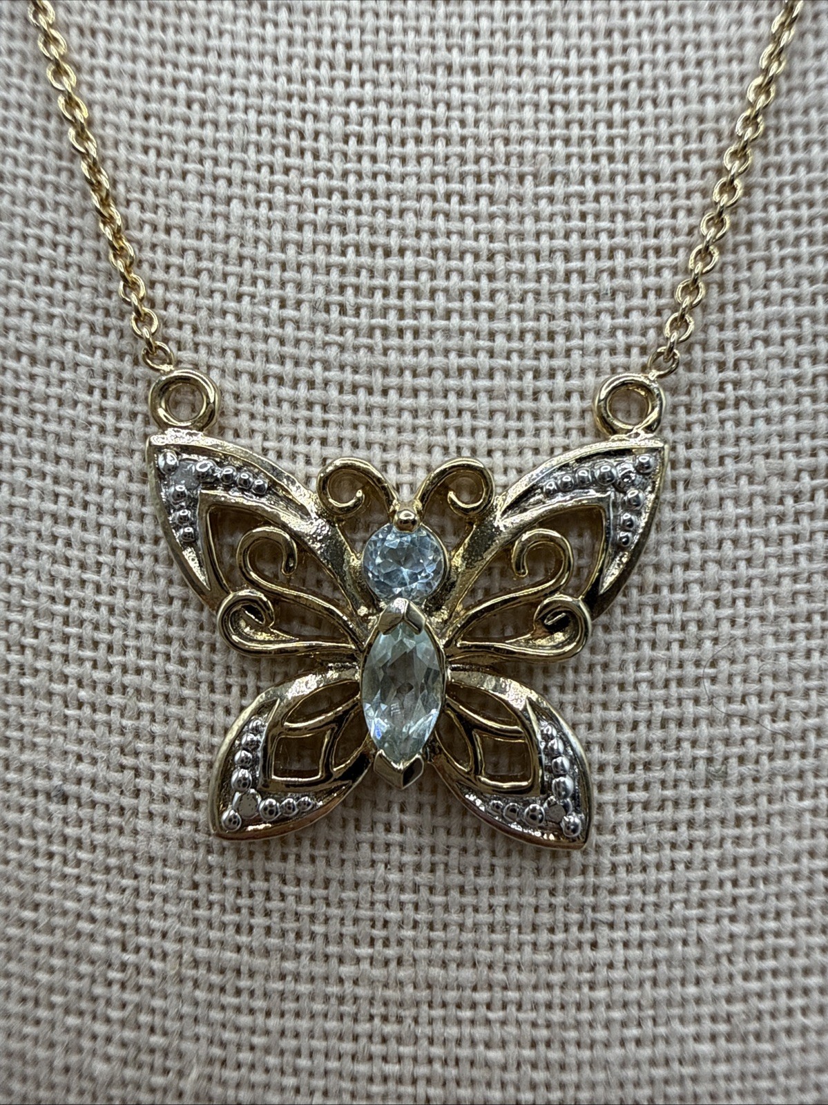Gold Vermeil Sterling Silver Blue Topaz & Diamond Butterfly Necklace