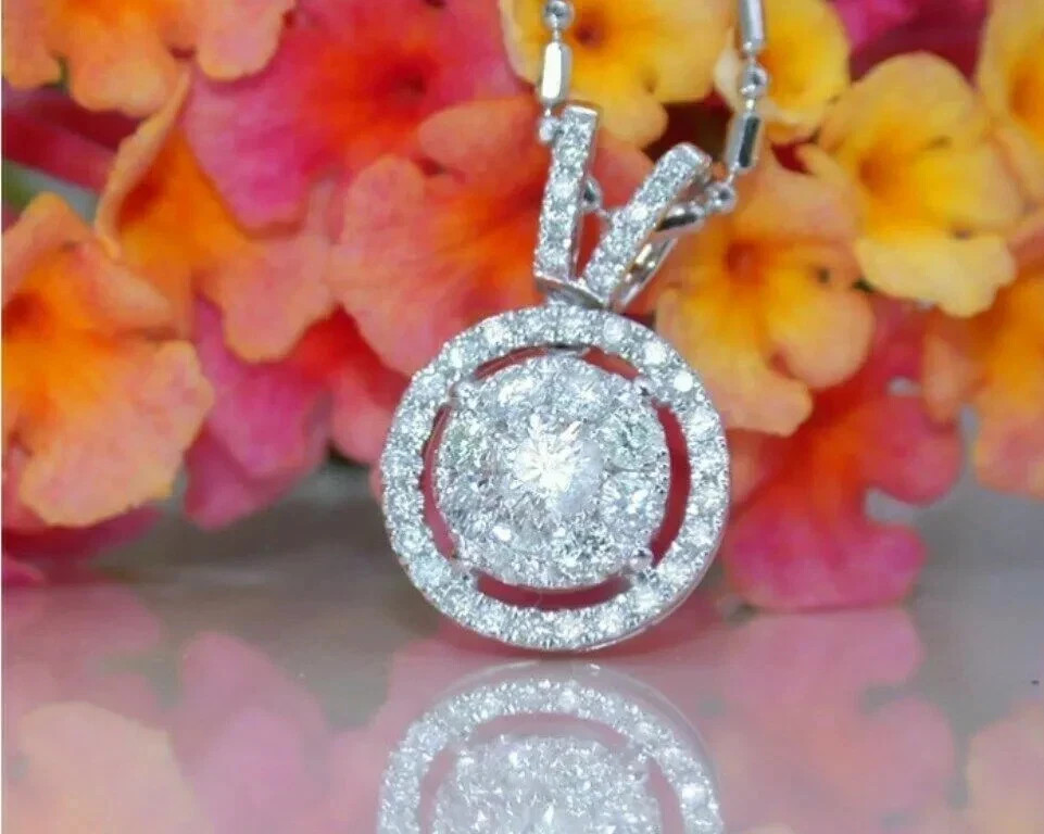 1.50Ct Round Cut VVS1/D Diamond Cluster Pendant 18K White Gold Finish