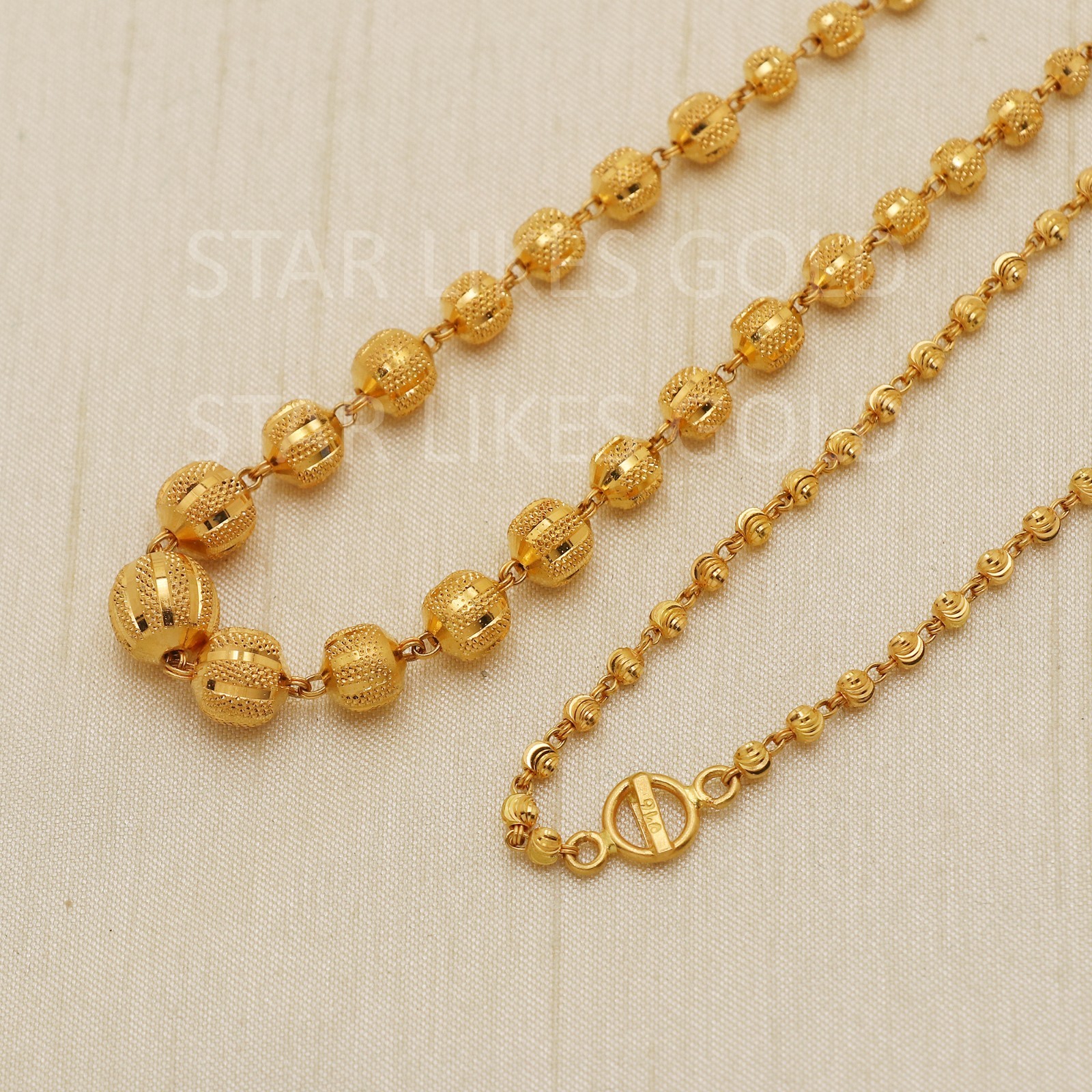 22K Yellow Gold Graduated Ball Chain 23.5″ 23.69g 8mm-2mm Textured Mala Necklace