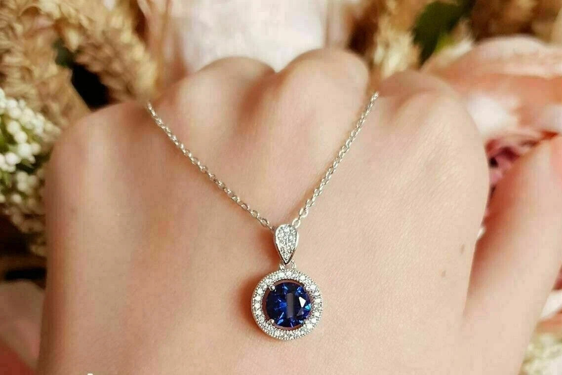 2Ct Round Cut Blue Sapphire & Diamond Pendant 14K White Gold Finish free chain
