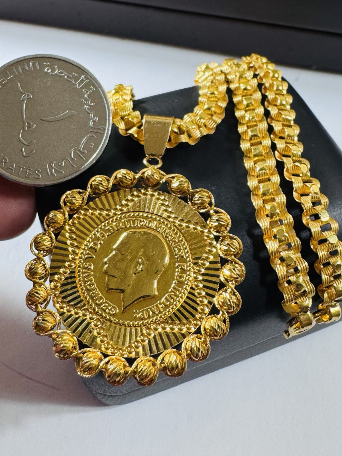 Solid Pure Genuine 22K 916 Dubai Gold Rare Coin Necklace 17.5/18 Inch 6mm 25.14g