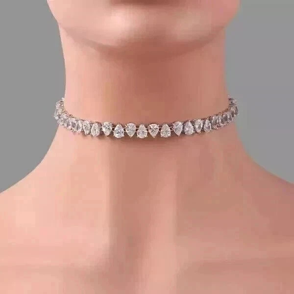 22Ct Pear Cut Lab-Created Diamond Tennis Choker Necklace 14K White Gold Finish