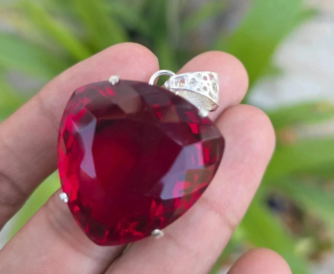 Natural 22 Ct Red Ruby Trillion Certified Loose Gemstone 925Solid Silver Pendant
