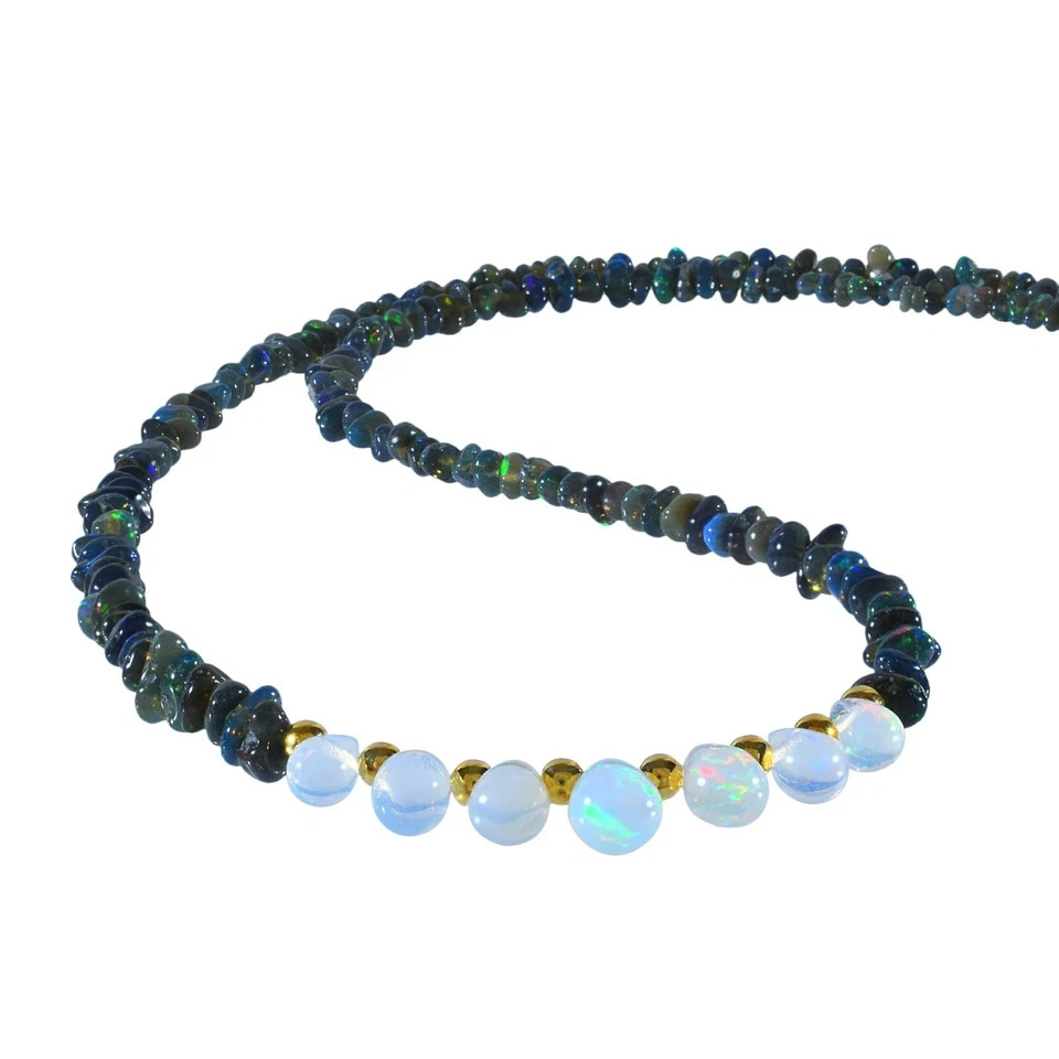 Natural Welo Fire Black Opal Nuggets Beads Necklace 925 Silver Handmade Chain