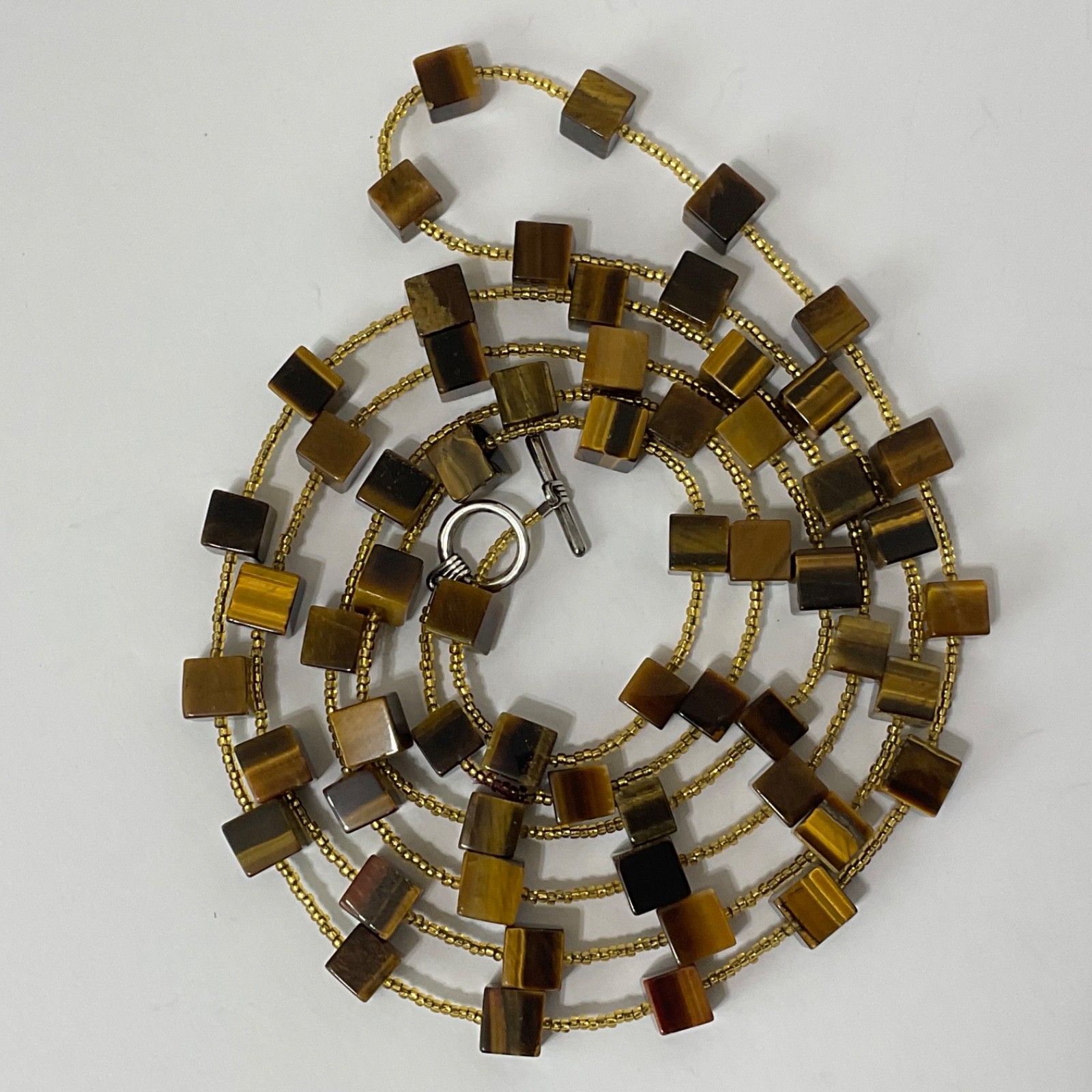 Genuine Tiger’s Eye Cube & Golden Bead Necklace Sterling Silver Toggle 64″ Long
