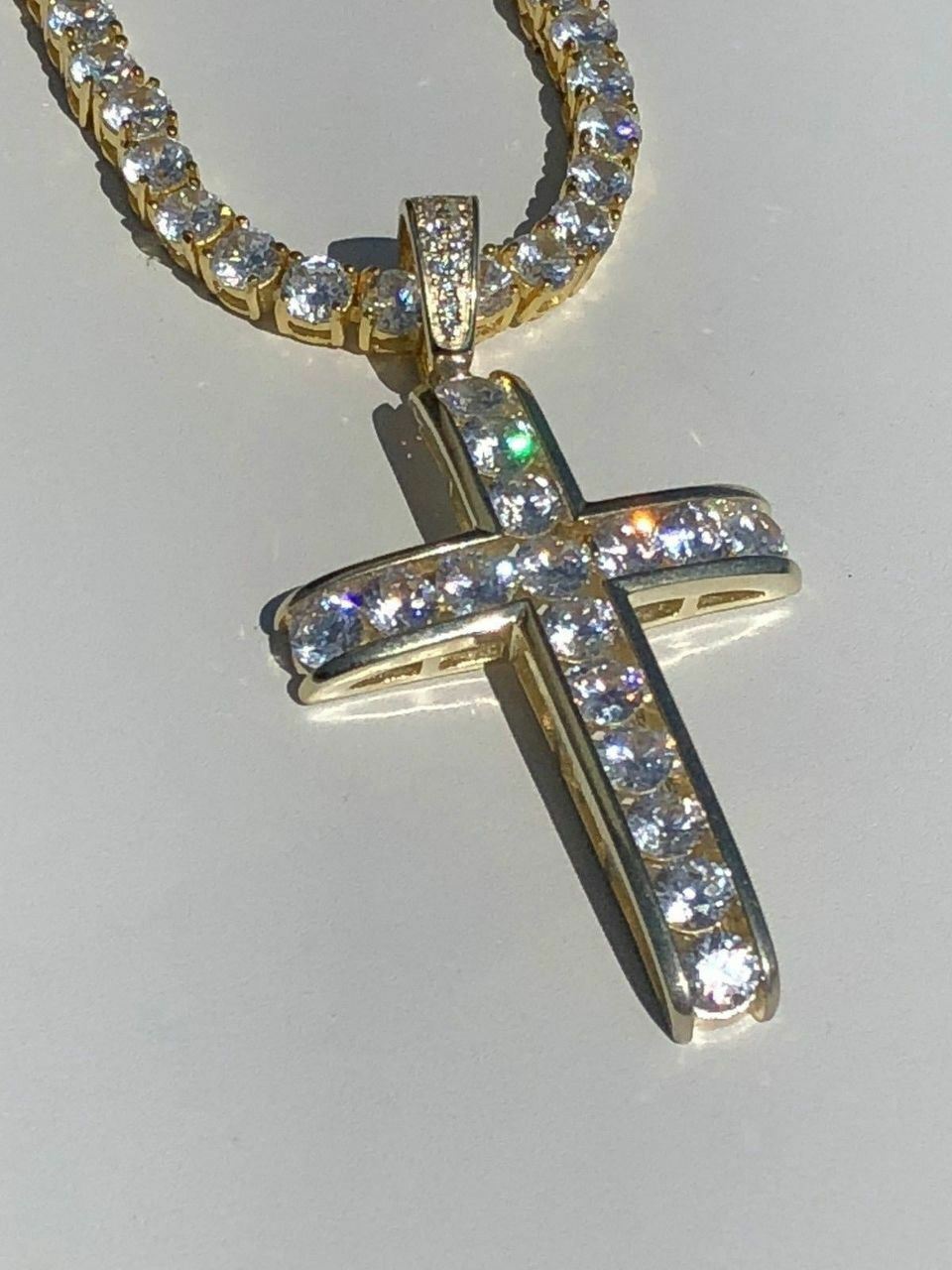 14k Gold Plated Real Solid 925 Silver Channel Set Cross CZ W. Chain Men’s ICY