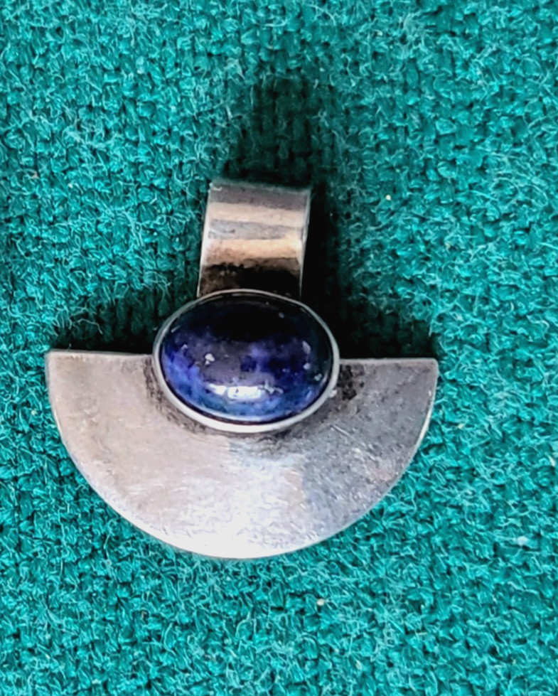 Vintage Sterling Silver Lapis Lazuli Cabuchon Half Circle Pendant -Very Good