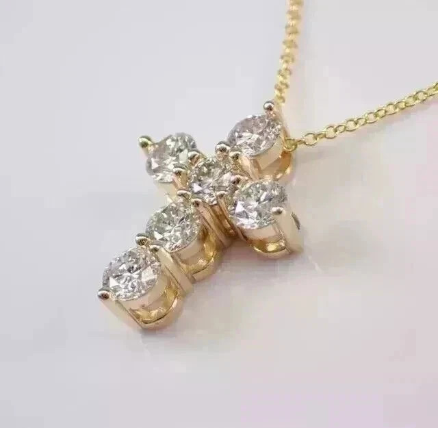 1Ct Round Cut Lab-Created Diamond Cross Chain Pendant 14K Yellow Gold Plated