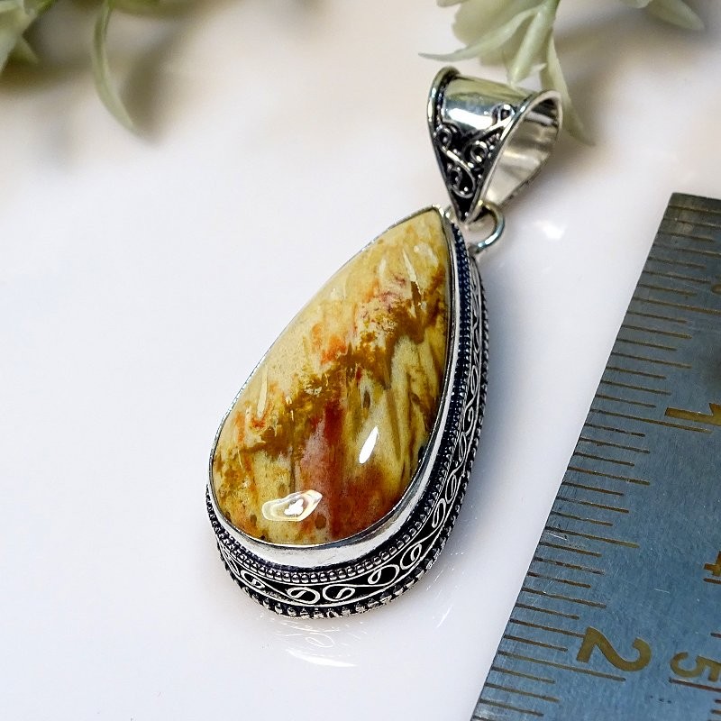 Picture Jasper 925 Sterling Silver Pear Gemstone Vintage Pendant 2.3″ PG 1747