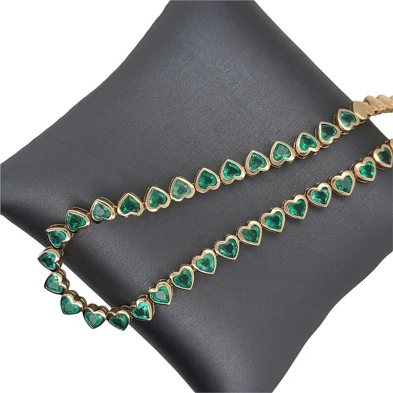 16CT Natural Green Emerald Tennis Necklace 14KT Yellow Gold 17″In CERTIFIED