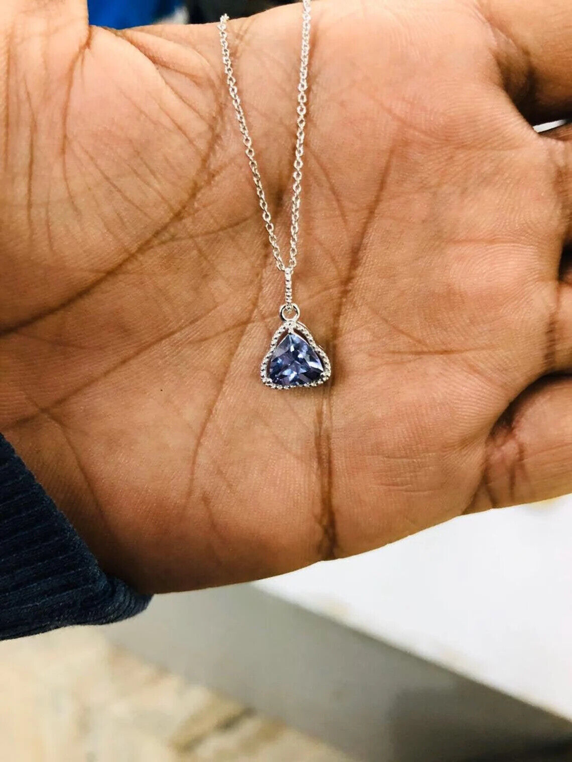 2Ct Trillion Simulated Alexandrite Solitaire Pendant 14KWhite Gold FN Free Chain