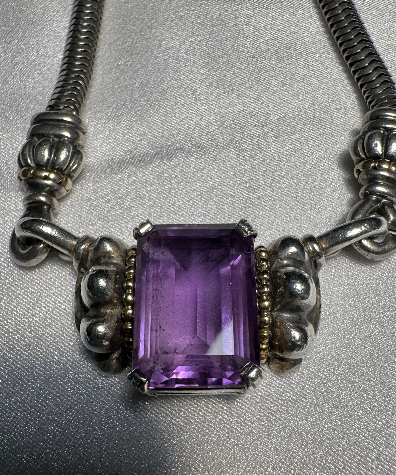 LAGOS Caviar 925 Sterling 18K Gold Amethyst Necklace 51g 16” Vintage