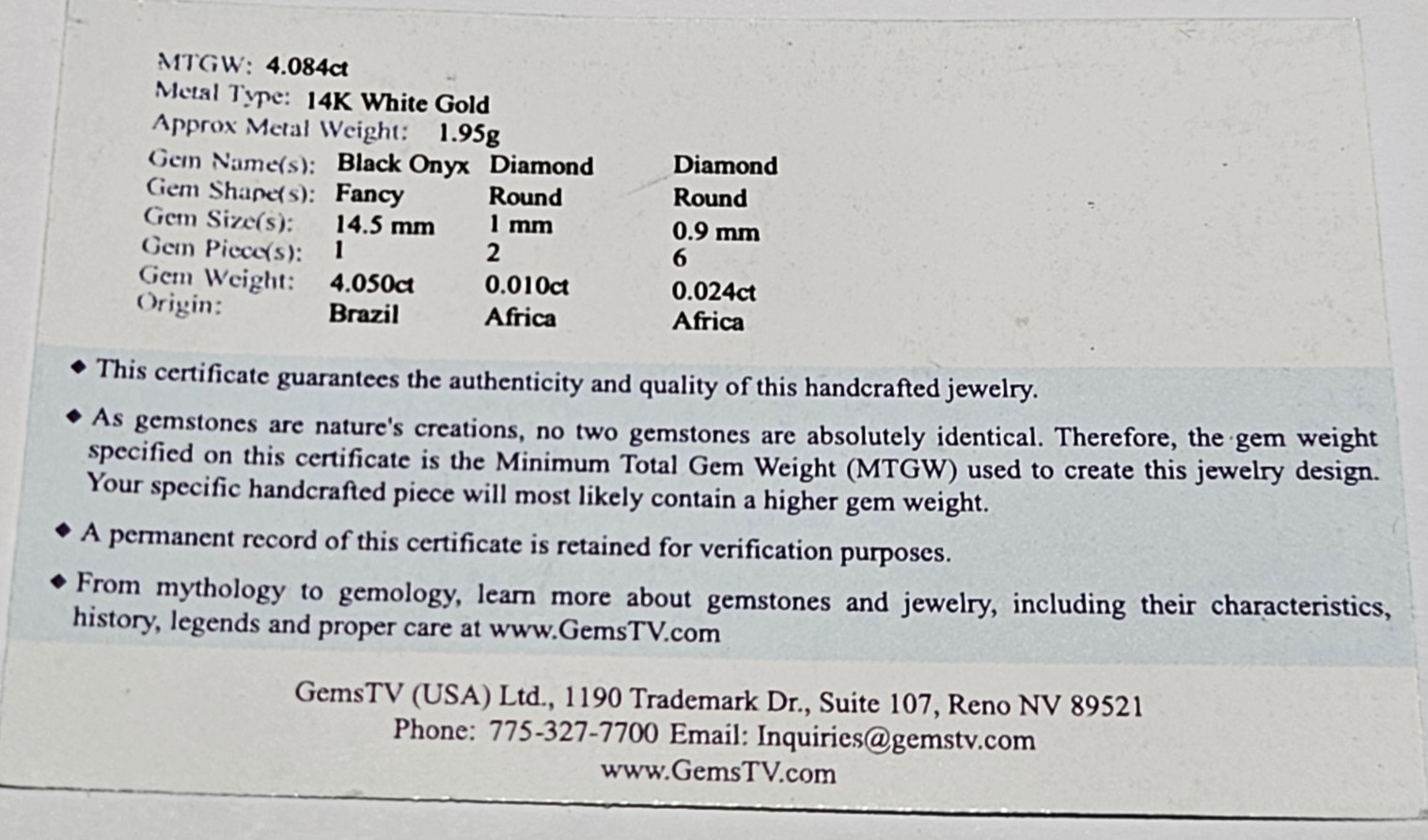 Gems Tv 14k White Gold Black Onyx Diamond Pendant 1.95g NEW