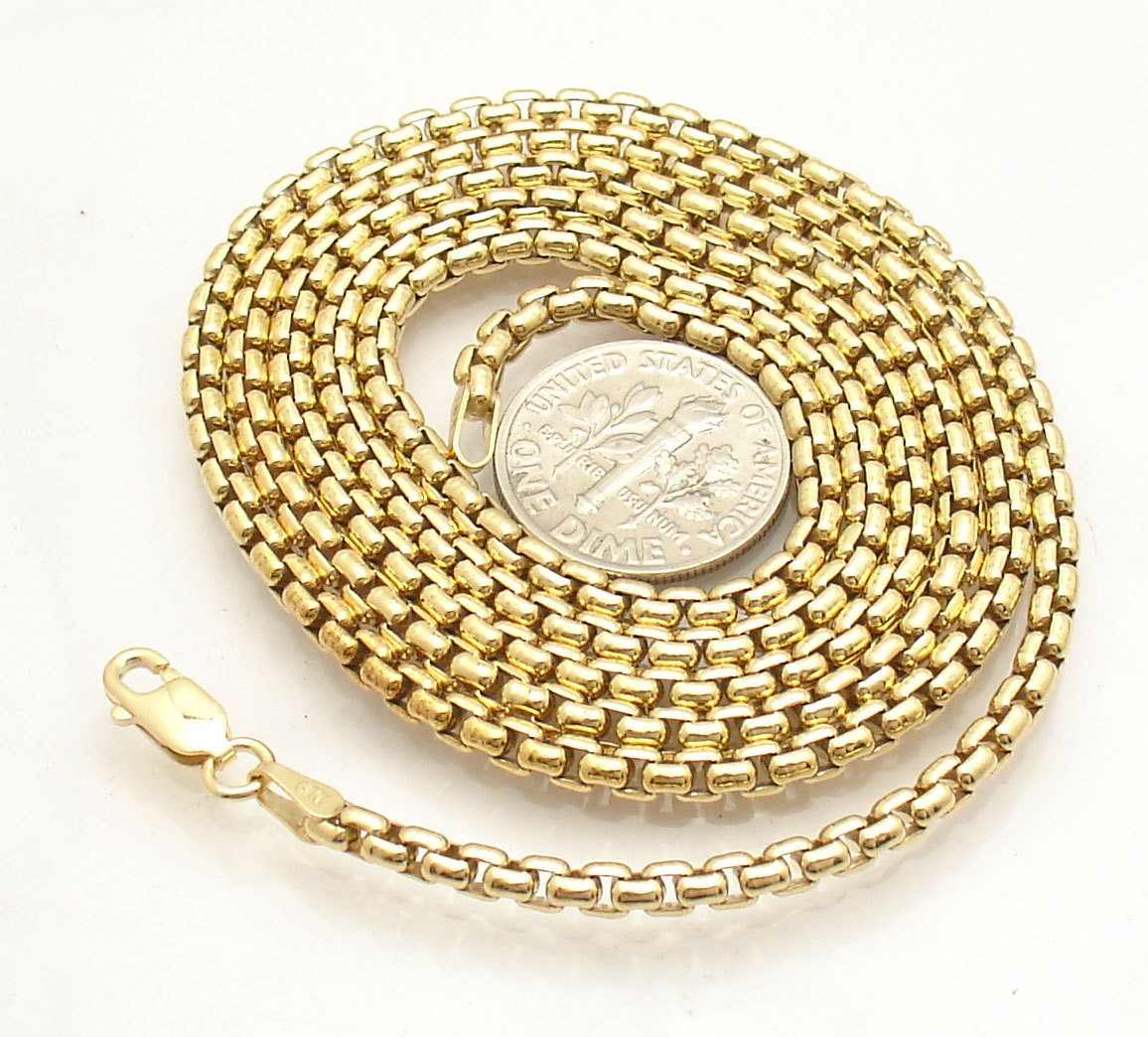 2.5mm Solid Round Box Chain Necklace 14K Yellow Gold Plated 925 Silver 16 ~ 24″