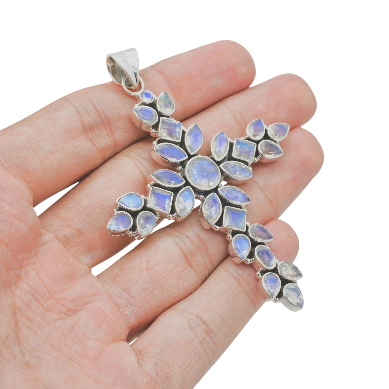 Vintage Style Rainbow Moonstone Cluster Cross Pendant Solid 925 Silver Jewelry
